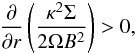 Mathematical equation: \begin{eqnarray} \frac{\partial}{\partial r} \left( \frac{\kappa^2 \Sigma}{2\Omega B^2}\right) > 0, \end{eqnarray}