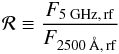 Mathematical equation: \begin{eqnarray} \label{eq:rloud} \mathcal{R}\equiv\frac{\pedix{F}{5~GHz,\,rf}}{\pedix{F}{2500~\AA,\,rf}} \end{eqnarray}