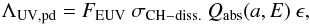Mathematical equation: \begin{equation} \Lambda_{\rm UV,pd} = F_{\rm EUV} \ \sigma_{\rm CH-diss.} \ Q_{\rm abs}(a,E) \ \epsilon, \label{eq_UV_dehyd_rate} \end{equation}