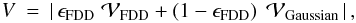 Mathematical equation: \begin{eqnarray} V &=& \left|\,\epsilon_{\mathrm{FDD}} \; \mathcal{V}_{\mathrm{FDD}} + \left(1-\epsilon_{\mathrm{FDD}}\right) \; \mathcal{V}_{\mathrm{Gaussian}}\,\right|, \end{eqnarray}