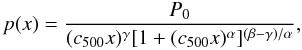 Mathematical equation: \begin{equation} p(x) = \frac{P_0}{(c_{500} x)^{\gamma}[1 + (c_{500} x)^{\alpha}]^{(\beta - \gamma)/\alpha}}, \end{equation}