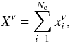 Mathematical equation: \begin{equation} \label{combinacao_linear} X^{\nu} = \sum\limits_{i=1}^{N_{\rm c}} x_i^{\nu}, \end{equation}