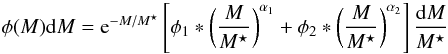 Mathematical equation: \begin{equation} \phi(M){\rm d}M = {\rm e}^{-M/M^\star} \left[\phi_1*\left(\frac{M}{M^\star}\right)^{\alpha_1} + \phi_2*\left(\frac{M}{M^\star}\right)^{\alpha_2}\right] \frac{{\rm d}M}{M^\star} \end{equation}