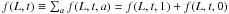 Mathematical equation: \hbox{$f(L,t) \equiv \sum_{a}^{} f(L,t,a) = f(L,t,1) + f(L,t,0)$}