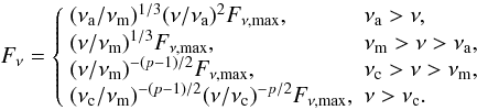 Mathematical equation: \begin{equation} \label{spectrumslow} F_\nu=\left\{ \begin{array}{ll}(\nu_{\rm a} / \nu_{\rm m} )^{1/3}(\nu/\nu_{\rm a})^2 F_{\nu,{\rm max}}, & \nu_{\rm a}>\nu, \\ ( \nu / \nu_{\rm m})^{1/3} F_{\nu,{\rm max}}, & \nu_{\rm m}>\nu>\nu_{\rm a}, \\ ( \nu / \nu_{\rm m} )^{-(p-1)/2} F_{\nu,{\rm max}}, & \nu_{\rm c}>\nu>\nu_{\rm m}, \\ ( \nu_{\rm c} / \nu_{\rm m} )^{-(p-1)/2} ( \nu / \nu_{\rm c})^{-p/2} F_{\nu,{\rm max}}, & \nu>\nu_{\rm c}. \end{array}\right. \end{equation}