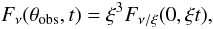 Mathematical equation: \begin{equation} F_{\nu}(\theta_{\rm obs},t) = \xi^3F_{\nu/\xi}(0,\xi t), \end{equation}