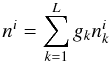 Mathematical equation: \begin{equation} \label{eq150} n^i=\sum_{k=1}^{L}g_k n^i_k \end{equation}