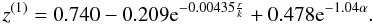 Mathematical equation: \begin{equation} z^{(1)}=0.740-0.209 {\rm e}^{-0.00435 \frac{r}{k}}+0.478 {\rm e}^{-1.04 \alpha}. \label{korr1} \end{equation}