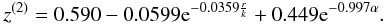 Mathematical equation: \begin{equation} z^{(2)}=0.590-0.0599 {\rm e}^{-0.0359 \frac{r}{k}}+0.449 {\rm e}^{-0.997\alpha}. \label{korr2} \end{equation}
