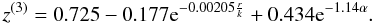 Mathematical equation: \begin{equation} z^{(3)}=0.725-0.177 {\rm e}^{-0.00205 \frac{r}{k}}+0.434 {\rm e}^{-1.14 \alpha}. \label{korr3} \end{equation}