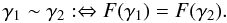 Mathematical equation: \begin{equation} \gamma_1 \sim \gamma_2 :\Leftrightarrow F(\gamma_1 )=F(\gamma_2).\label{equivalenceRelation} \end{equation}