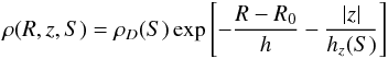 Mathematical equation: \begin{equation*} \rho(R, z, S) = \rho_D(S)\exp{\left[-\frac{R-R_0}{h} - \frac{|z|}{h_z(S)}\right]} \end{equation*}
