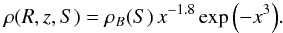 Mathematical equation: \begin{equation*} \rho(R, z, S) = \rho_B(S)\,x^{-1.8}\exp{\left(-x^3\right)}. \end{equation*}