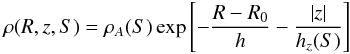 Mathematical equation: \begin{equation*} \rho(R, z, S) = \rho_A(S)\exp{\left[-\frac{R-R_0}{h} - \frac{|z|}{h_z(S)}\right]} \end{equation*}