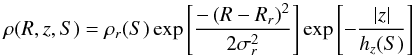Mathematical equation: \begin{equation*} \rho(R, z, S) = \rho_r(S)\exp{\left[\frac{-\left(R-R_r\right)^2}{2\sigma_r^2}\right]}\exp{\left[- \frac{|z|}{h_z(S)}\right]} \end{equation*}