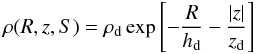 Mathematical equation: \begin{equation} \label{eq:dust} \rho(R, z, S) = \rho_{\rm d} \exp{\left[-\frac{R}{h_{\rm d}} - \frac{|z|}{z_{\rm d}}\right]} \end{equation}