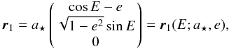 Mathematical equation: \begin{equation} \label{eq_pos_star_S_one} \vr_1 = \PMaS \pmatrxi{ \cos\EA-\PMe\\ \sqrt{1-\PMe^2}\sin\EA\\ 0 } = \vr_1(\EA;\PMaS,\PMe), \end{equation}