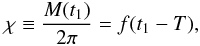 Mathematical equation: \begin{equation} \PMchi \defby \frac{\MA(\tmOne)}{2\pi} = \PMf(\tmOne-\PMT),\label{eq_def_chi} \end{equation}