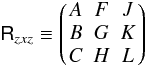 Mathematical equation: \begin{equation} \label{eq_rot_matrix_comp} \rotmzxz \defby \pmatrxiii{ A & F & J\\ B & G & K\\ C & H & L } \end{equation}