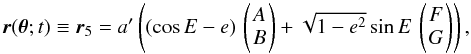 Mathematical equation: \begin{equation} \label{eq_pos_star_S_five} \mdlFctAM{\vPar}{\tm} \defby \AMPosNum{5} = \PMaApp\left((\cos\EA-\PMe)\, \pmatrxi{ A\\ B }+\sqrt{1-\PMe^2}\sin\EA\, \pmatrxi{ F\\ G }\right), \end{equation}