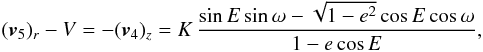 Mathematical equation: \begin{equation} (\vv_5)_r-\PMV = -(\vv_4)_z = \PMK\,\frac{\sin\EA\sin\PMomegaP-\sqrt{1-e^2}\cos\EA\cos\PMomegaP}{1-\PMe\cos\EA},\label{eq_RV_S_five} \end{equation}