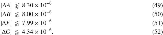 Mathematical equation: \begin{eqnarray} |\Delta A| &\lessapprox& \EE{8.30}{-6}\\ |\Delta B| &\lessapprox& \EE{8.00}{-6}\\ |\Delta F| &\lessapprox& \EE{7.99}{-6}\\ |\Delta G| &\lessapprox& \EE{4.34}{-6}. \end{eqnarray}