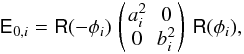 Mathematical equation: \begin{equation} \dataCovMNomi{i} = \rotmi{-\UNCERTELLphi_i}\,\pmatrxii{ a_i^2 & 0\\ 0 & b_i^2 }\,\rotmi{\UNCERTELLphi_i},\label{eq_data_cov_matrix} \end{equation}
