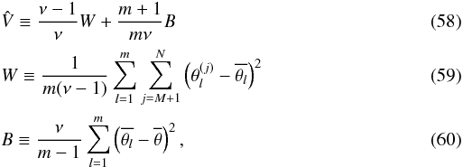 Mathematical equation: \begin{eqnarray} && \PSRV \defby \frac{\nu-1}{\nu}\PSRW+\frac{\nPT+1}{\nPT\nu}\PSRB\\ && \PSRW \defby \frac{1}{\nPT(\nu-1)}\sum_{\iPT=1}^\nPT \sum_{\iSamp=\nSampBurn+1}^\nSamp \left(\param\indexPT\samp-\overline{\param\indexPT}\right)^2\\ && \PSRB \defby \frac{\nu}{\nPT-1} \sum_{\iPT=1}^\nPT \left(\overline{\param\indexPT}-\overline{\param}\right)^2, \end{eqnarray}