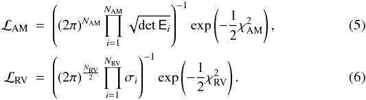 Mathematical equation: \begin{eqnarray} \likhood\iAM &=& \left((2\pi)^{N\iAM}\prod_{i=1}^{N\iAM}\sqrt{\det \dataCovM_i}\right)\inv \exp\left(-\oneHalf\chi^2\iAM\right),\\ \likhood\iRV &=& \left((2\pi)^{\frac{N\iRV}{2}}\prod_{i=1}^{N\iRV}\measUncToti{i}\right)\inv \exp\left(-\oneHalf\chi^2\iRV\right). \end{eqnarray}