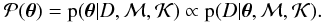Mathematical equation: \begin{equation} \postr(\vPar) = \pPostr{\vPar} \propto \pLikh{\Data}{\vPar}. \end{equation}