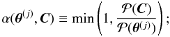 Mathematical equation: \begin{equation} \accProb{\vPar\samp}{\vect C} \defby \min\left(1,\frac{\postr(\vect C)}{\postr(\vPar\samp)}\right); \end{equation}