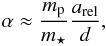 Mathematical equation: \begin{equation} \alpha \approx \frac{\PMmP}{\PMmS}\frac{\PMaRel}{\PMd},\label{eq_AM_semiamp_general} \end{equation}
