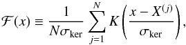 Mathematical equation: \begin{equation} \kerEst(x) \defby \frac{1}{\nSamp\winWidth}\sum_{\iSamp=1}^{\nSamp}\kr\left(\frac{x-X\samp}{\winWidth}\right), \end{equation}