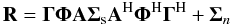 Mathematical equation: \begin{equation} \mathbf{R} = \mathbf{\Gamma}\mathbf{\Phi}\mathbf{A}\mathbf{\Sigma}_{\mathrm{s}}\mathbf{A}^{\rm H}\mathbf{\Phi}^{\rm H}\mathbf{\Gamma}^{\rm H} + \mathbf{\Sigma}_{n} \label{eq:DM2} \end{equation}