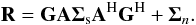 Mathematical equation: \begin{equation} \mathbf{R} = \mathbf{G}\mathbf{A}\mathbf{\Sigma}_{\mathrm{s}}\mathbf{A}^{\rm H} \mathbf{G}^{\rm H} + \mathbf{\Sigma}_{n}. \label{eq:DM3} \end{equation}