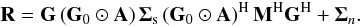 Mathematical equation: \begin{equation} \mathbf{R} = \mathbf{G}\left(\mathbf{G}_0 \odot \mathbf{A}\right)\mathbf{\Sigma}_{\mathrm{s}} \left(\mathbf{G}_0 \odot \mathbf{A}\right)^{\rm H}\mathbf{M}^{\rm H}\mathbf{G}^{\rm H} + \mathbf{\Sigma}_{n}. \label{eq:DM4_2} \end{equation}