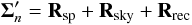 Mathematical equation: \begin{equation} \mathbf{\Sigma}'_{n} = \mathbf{R}_{\rm sp} + \mathbf{R}_{\rm sky} + \mathbf{R}_{\rm rec} \label{eq:DM5} \end{equation}