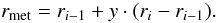 Mathematical equation: \begin{equation} r_{\rm met} = r_{i-1} + y\cdot(r_i - r_{i-1}). \end{equation}