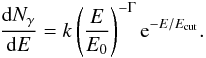 Mathematical equation: \begin{equation} \label{enflxtoint} \frac{{\rm d}N_{\gamma}}{{\rm d}E}=k\left(\frac{E}{E_0}\right)^{-\Gamma} {\rm e}^{-E/E_\mathrm{cut}}. \end{equation}