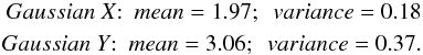 Mathematical equation: \begin{eqnarray} \label{ConstSpectralstuff} Gaussian~X{:}~~mean=1.97;~~variance=0.18 \notag \\ Gaussian~Y{:}~~mean=3.06;~~variance=0.37. \end{eqnarray}