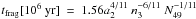 Mathematical equation: \hbox{$t_{\rm frag} [10^6~{\rm yr}]\ =\ 1.56 a_2^{4/11}\ n_3^{-6/11}\ N_{49}^{-1/11}$}