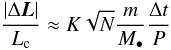 Mathematical equation: \begin{equation} \label{Equation:dLRR} \frac{|\Delta\vec{L}|}{L_{\rm c}} \approx K\sqrt{N}\frac{m}{M_\bullet}\frac{\Delta t}{P} \end{equation}