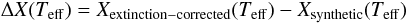 Mathematical equation: \begin{equation} \Delta X(T_{\rm eff})=X_{\rm extinction-corrected}(T_{\rm eff})-X_{\rm synthetic}(T_{\rm eff})\label{eq:deviations} \end{equation}