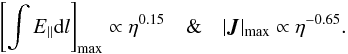 Mathematical equation: \begin{equation} \left[\int E_{\parallel} {\rm d}l\right]_{\max}\propto \eta^{0.15} \quad \& \quad |\vec{J}|_{\max} \propto \eta^{-0.65}. \end{equation}