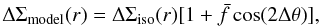 Mathematical equation: \begin{equation} \Delta \Sigma_{\rm{model}} (r) = \Delta \Sigma_{\rm{iso}} (r)[1+\bar{f} \cos(2\Delta \theta)], \label{eq_dsmodsimp} \end{equation}