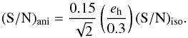 Mathematical equation: \begin{equation} {\rm (S/N)_{ani}}=\frac{0.15}{\sqrt{2}}\left(\frac{\it{e_{\rm h}}}{0.3}\right)\rm{(S/N)_{iso}}. \end{equation}