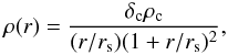 Mathematical equation: \begin{equation} \rho(r) = \frac{\delta_{\rm c} \rho_{\rm c}}{(r/r_{\rm s})(1+r/r_{\rm s})^2}, \end{equation}