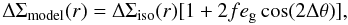 Mathematical equation: \begin{equation} \Delta \Sigma_{\rm{model}} (r) = \Delta \Sigma_{\rm{iso}} (r)[1+2 f e_{\rm g} \cos(2\Delta \theta)], \label{eq_deltasigma} \end{equation}
