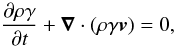 Mathematical equation: \begin{equation} \frac{\partial \rho \gamma}{\partial t} + \vec{\nabla} \cdot (\rho \gamma \vec{v}) = 0, \label{eulerdensity} \end{equation}