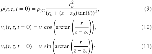Mathematical equation: \begin{eqnarray} &&\rho(r,z,t=0)=\rho_{\mathrm{jet}}\frac{r_b^2}{(r_b+(z-z_0)\tan(\theta))^2}, \\[1mm] &&v_{z}(r,z,t=0)=v~\cos\left(\arctan\left(\frac{r}{z-z_\mathrm{v}}\right)\right), \\[1mm] && v_{r}(r,z,t=0)=v~\sin\left(\arctan\left(\frac{r}{z-z_\mathrm{v}}\right)\right)\cdot \end{eqnarray}